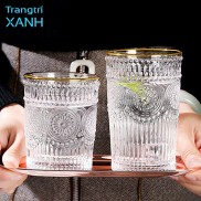Đồ decor ĐẸP Bộ 6 cốc ly thủy tinh pha lê mạ vàng họa tiết trống đồng chịu nhiệt sang trọng tinh tế - Phong cách Bắc Âu